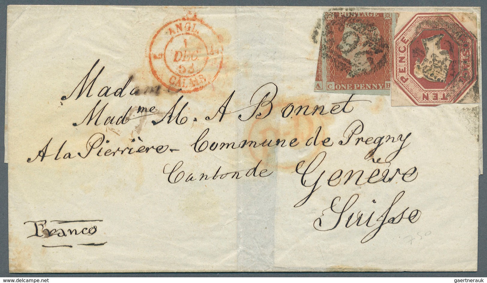 14143 Großbritannien: 1863. Envelope Addressed To Switzerland Bearing SG 8, 1d Brown And SG 57, 10d Brown - Autres & Non Classés