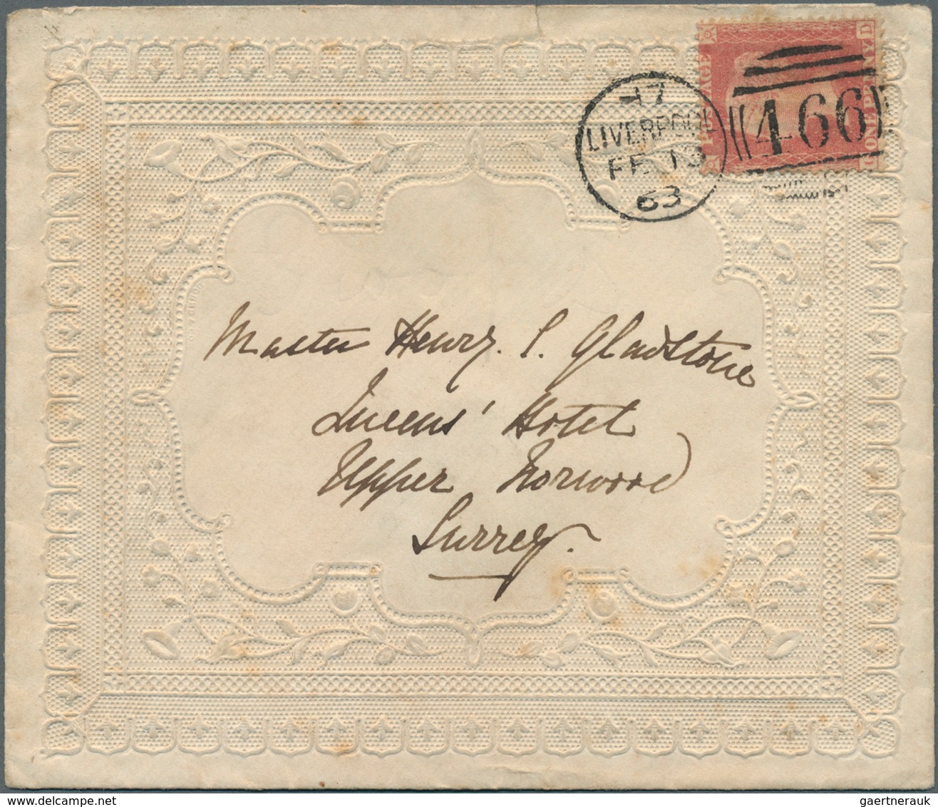 14150 Großbritannien: 1863, 1d. Rose-red On Valentine's Cover, Oblit. By 466 Liverpool Duplex FE 13 63 To - Autres & Non Classés