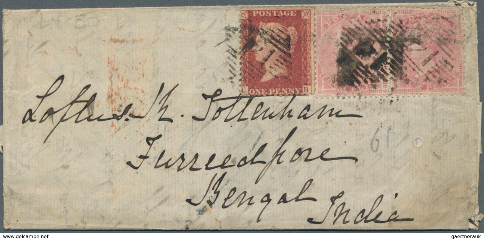 14151 Großbritannien: 1859/1861 Two Covers To India Both Franked 1855-57 4d. Rose-carmine Horiz. Pair Plus - Sonstige & Ohne Zuordnung