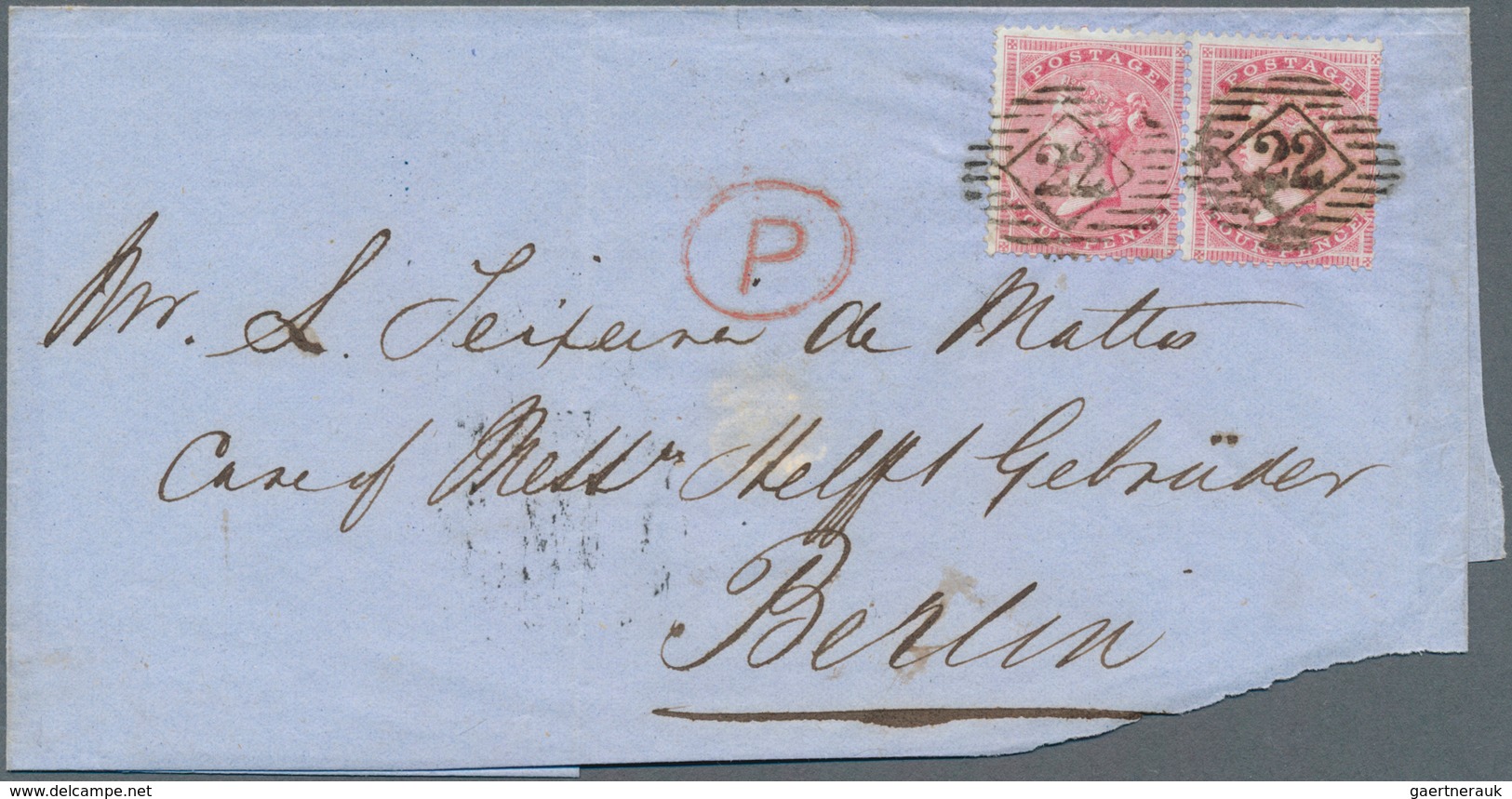 14153 Großbritannien: 1857, 4d QV Rose Horizontal Pair With Inverted Watermark On Large Part Of A Letter, - Autres & Non Classés