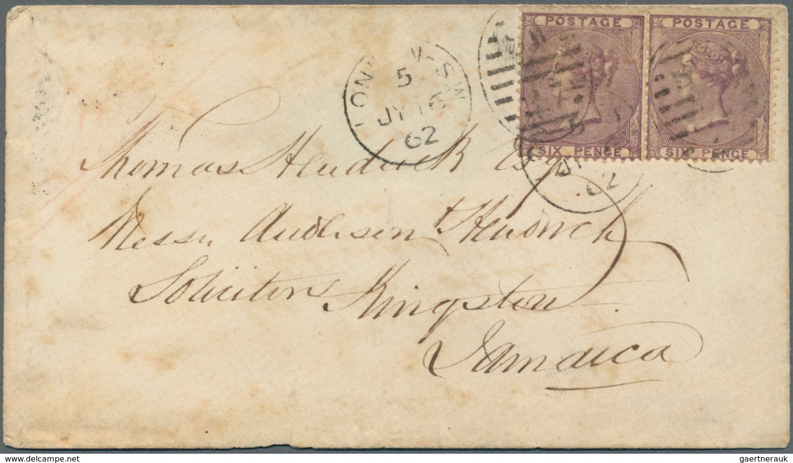 14154 Großbritannien: 1862, 6 P. Violett Two Singles On Small Letter From "LONDON 5.JY.62" To JAMAICA With - Autres & Non Classés