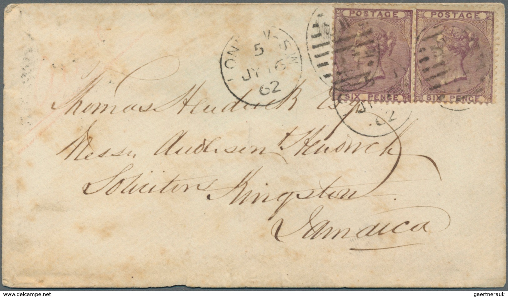 14154 Großbritannien: 1862, 6 P. Violett Two Singles On Small Letter From "LONDON 5.JY.62" To JAMAICA With - Sonstige & Ohne Zuordnung