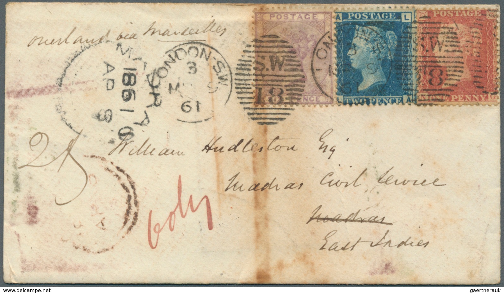 14155 Großbritannien: 1857-1862 Three Covers (some Faults) To India All Franked By 1856 6d. Lilac, One Add - Altri & Non Classificati