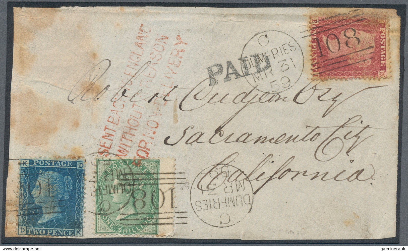 14156 Großbritannien: 1859/1897, Mail To California/USA, Two Covers And One Front To Sacramento Resp. San - Autres & Non Classés