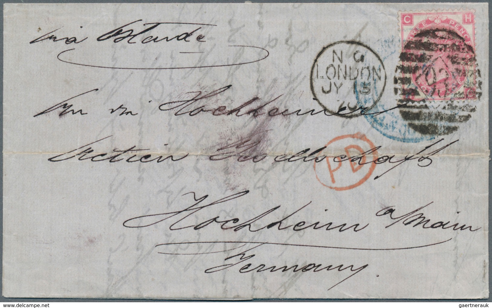 14159 Großbritannien: 1867, four letter franked with 3d QV rose with large corner letter, plate no. "5" po