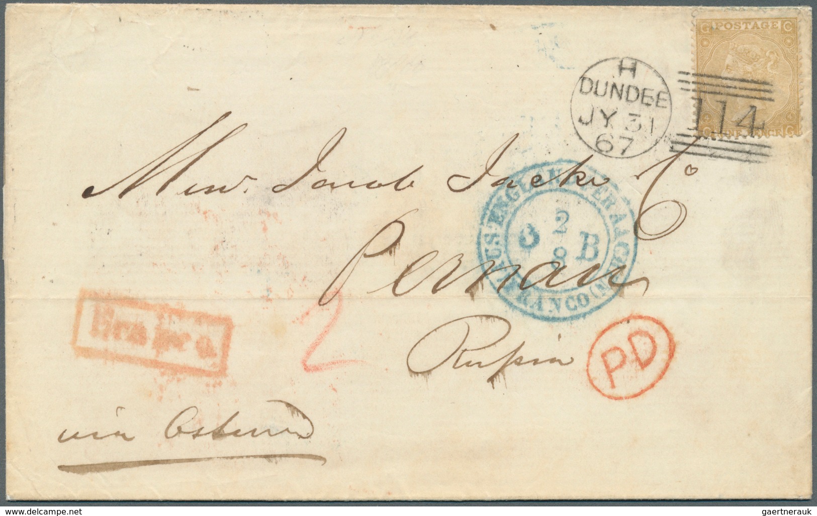 14160 Großbritannien: 1867, 9d Brownish Orange Tied Duplex "114 + DUNDEE JY 31 67" To Entire Folded Letter - Sonstige & Ohne Zuordnung