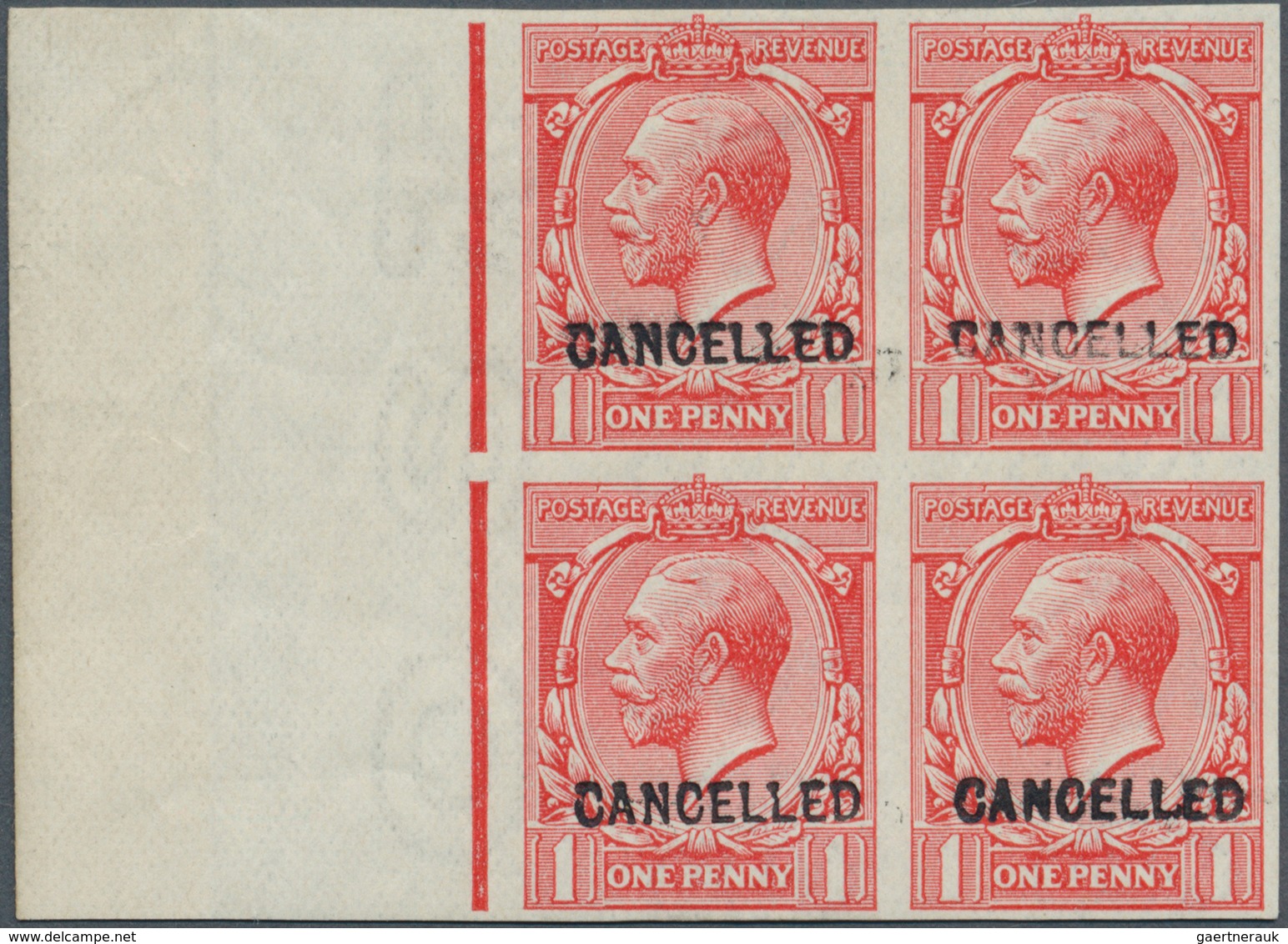 14194 Großbritannien: 1912, 1d. Scarlet, Wm Simple Cypher, Imperforate Left Marginal Block Of Four With "C - Sonstige & Ohne Zuordnung