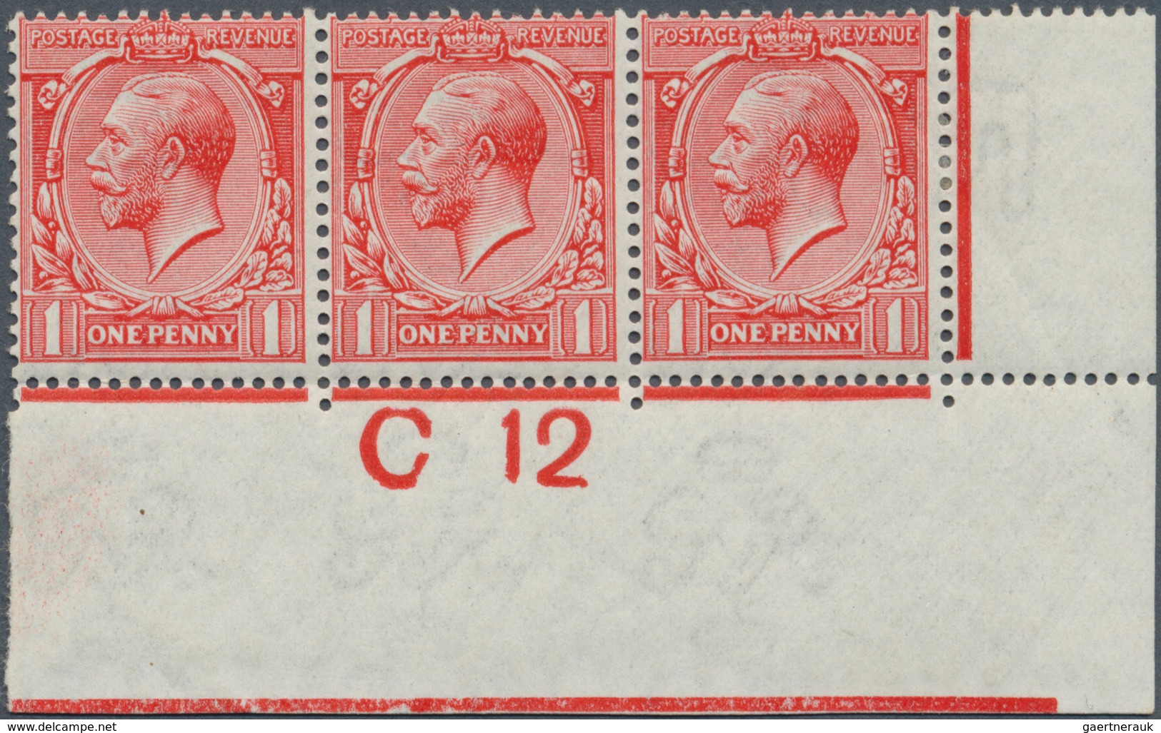 14195 Großbritannien: 1912, 1d. Scarlet, Wm Simple Cypher, Marginal Strip Of Three From The Lower Right Co - Sonstige & Ohne Zuordnung