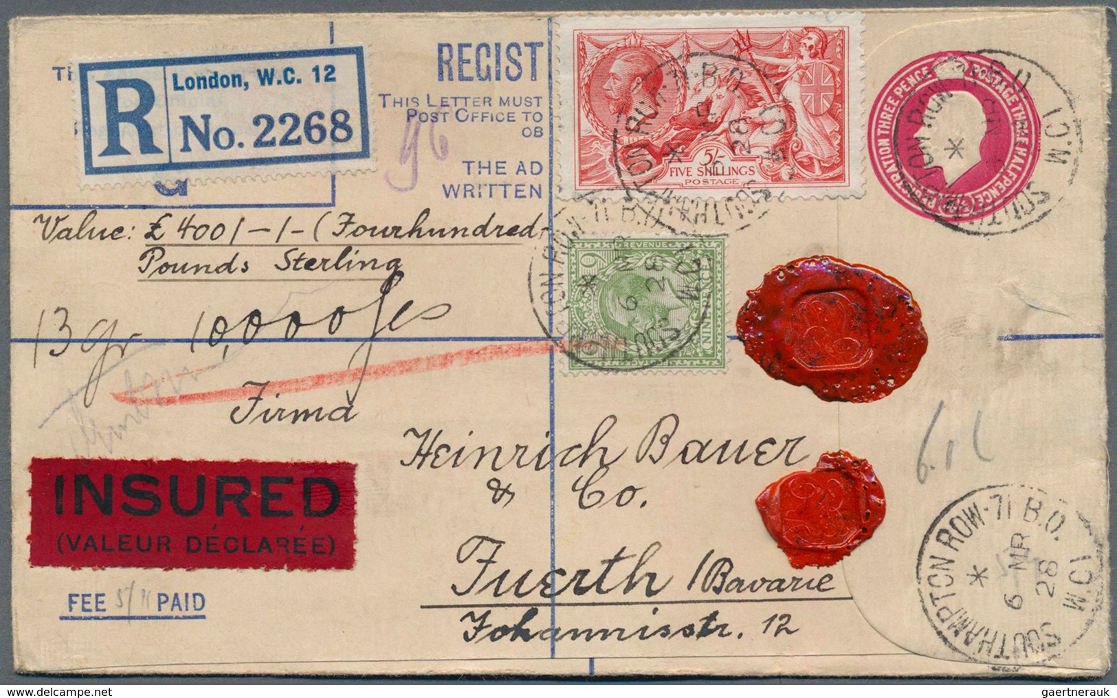 14202 Großbritannien: 1919 Sea Horses 5s. Rose-red Along With KGV. 9d. Used On Smaller Size Postal Station - Sonstige & Ohne Zuordnung