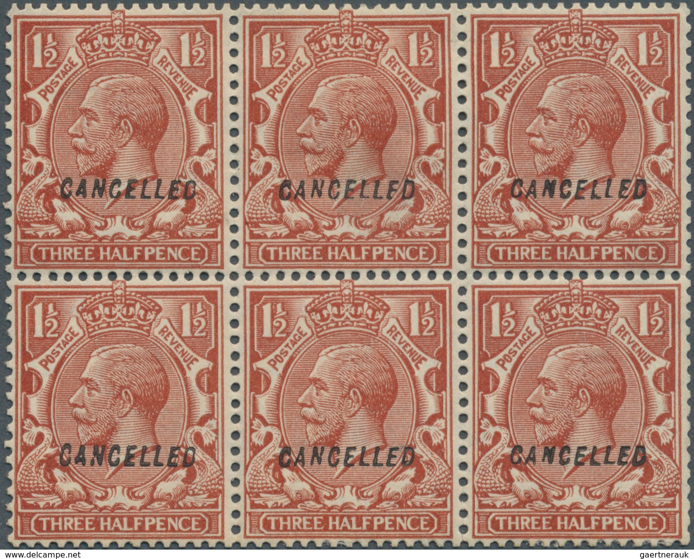 14207 Großbritannien: 1924, 1½d. Red-brown, Wm Block Cypher, Inverted Watermark, Block Of Six With "Cancel - Sonstige & Ohne Zuordnung