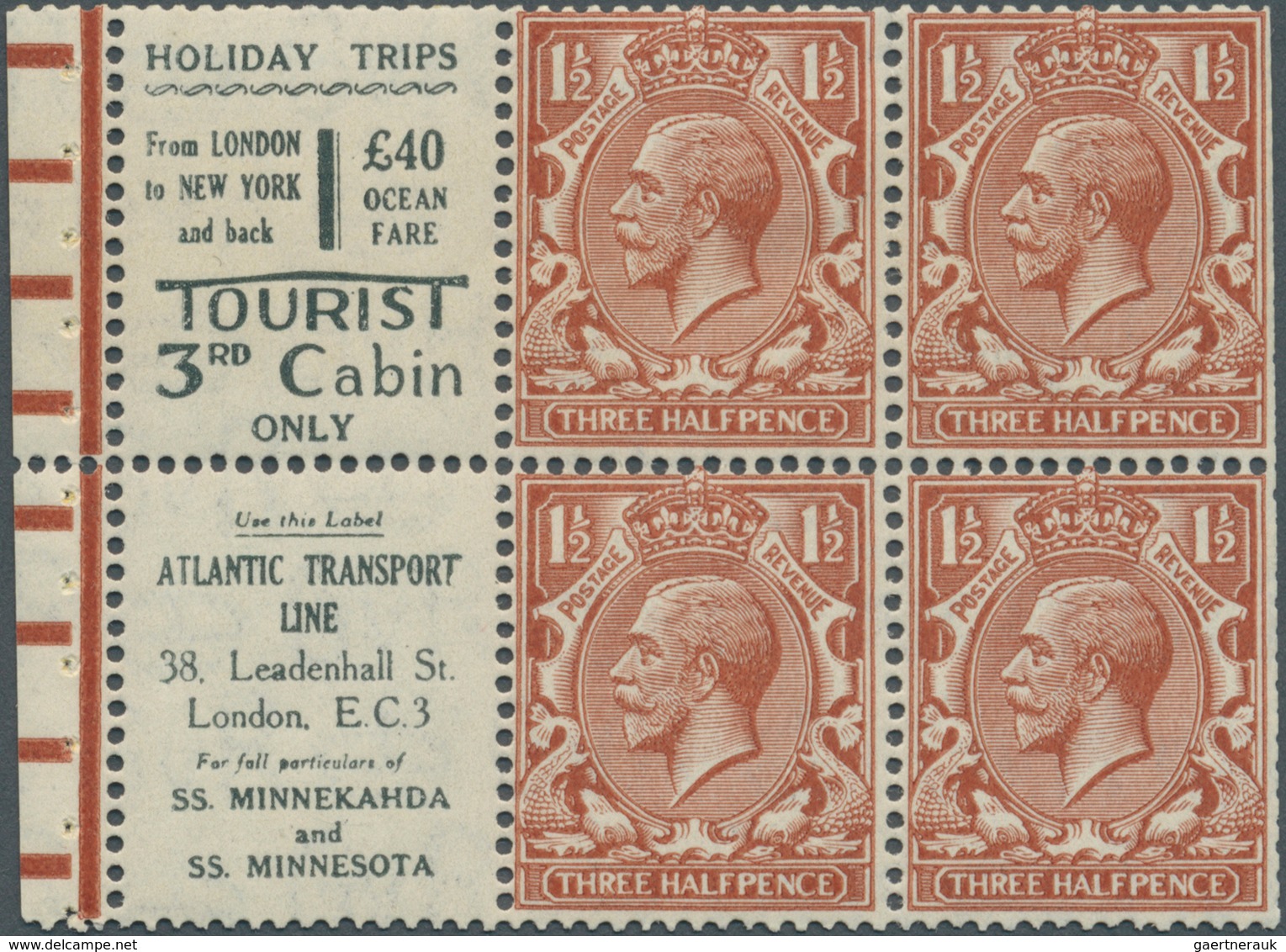 14244 Großbritannien - Zusammendrucke: 1924, 1½d. Red-brown, Wm Block Cypher, Advertisement Booklet Pane " - Autres & Non Classés