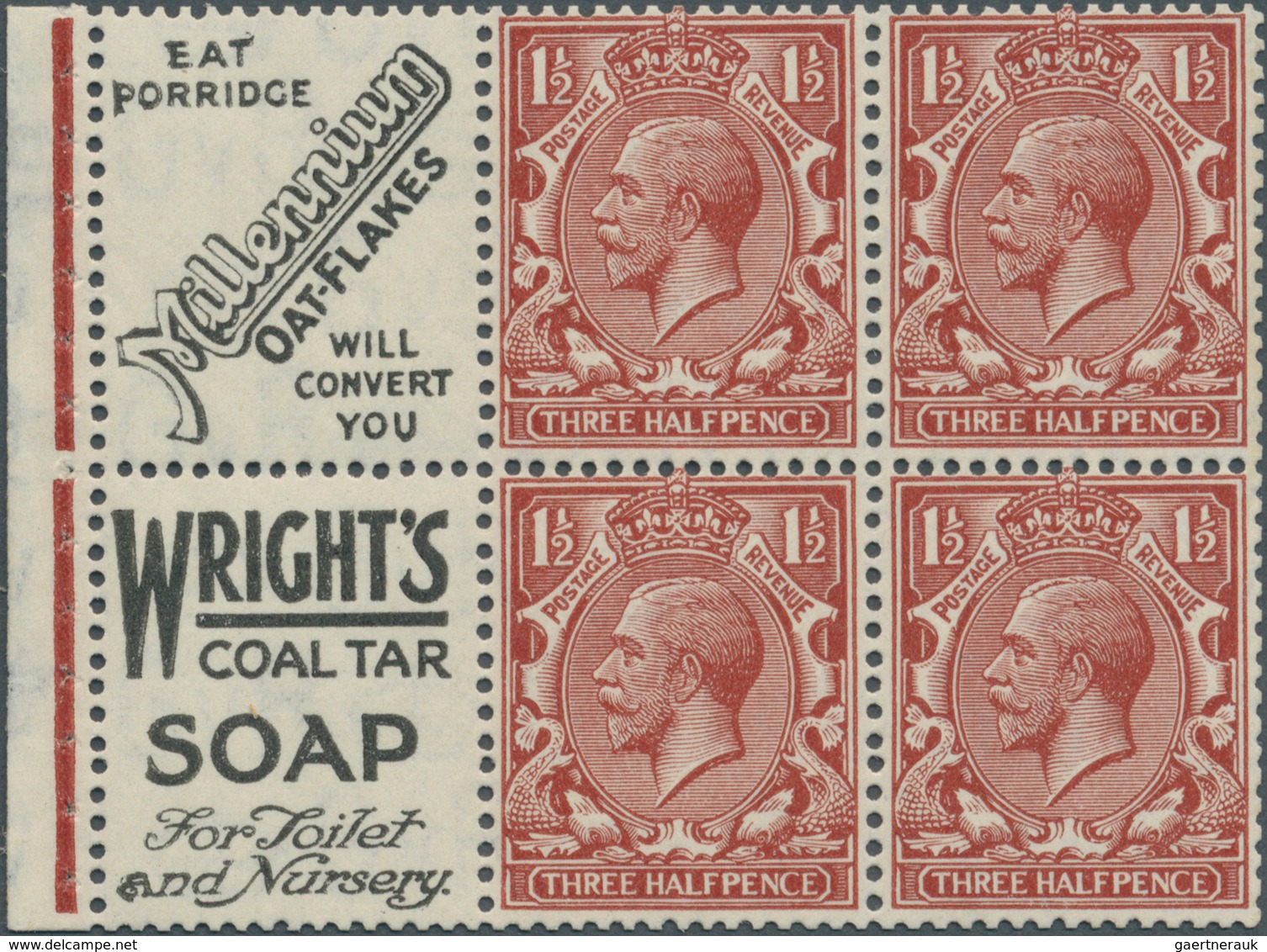 14246 Großbritannien - Zusammendrucke: 1924, 1½d. Red-brown, Wm Block Cypher, Advertisement Booklet Pane " - Sonstige & Ohne Zuordnung