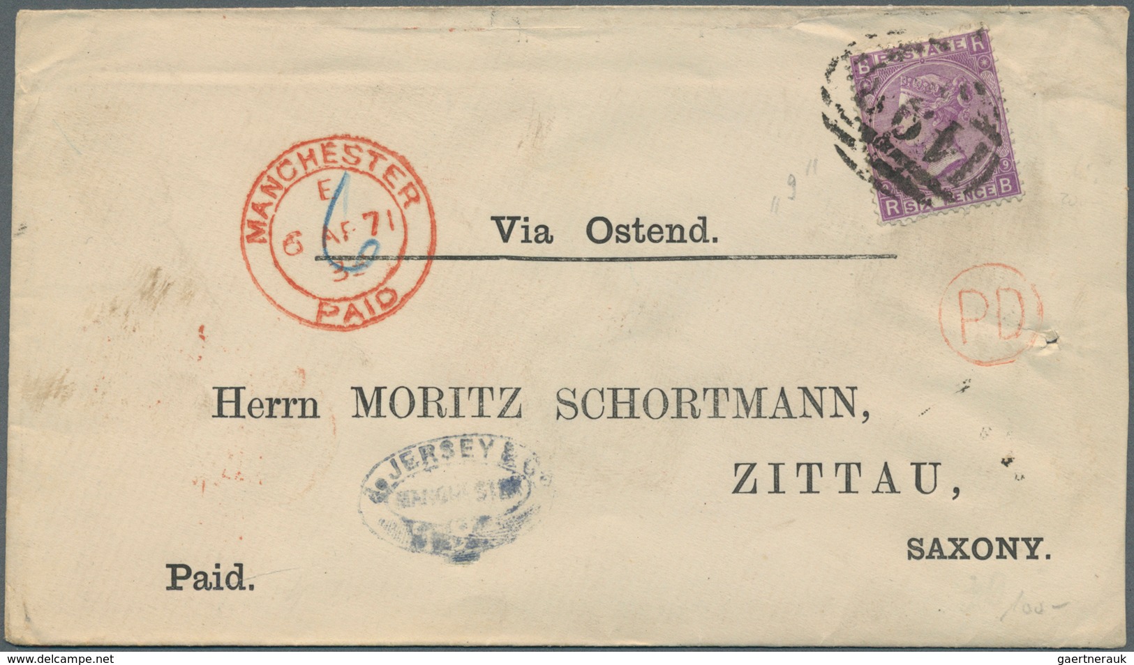 14252 Großbritannien - Jersey: 1871, Envelope From Jersey To Saxony With 6p. Violet Tied By Oval Barred "4 - Jersey