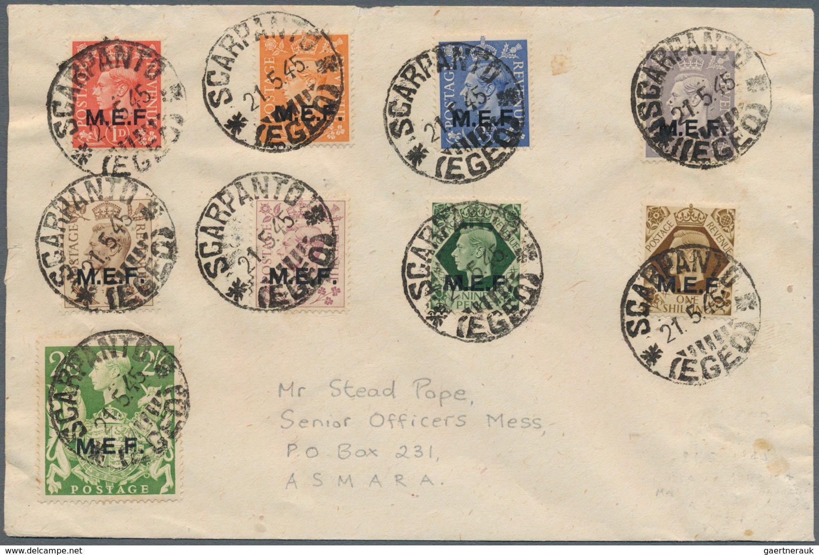 14257 Britische Militärpost II. WK: 1943, M.E.F. Overprints, 1d. To 2s.6d., Nine Values On Envelope (some - Autres & Non Classés