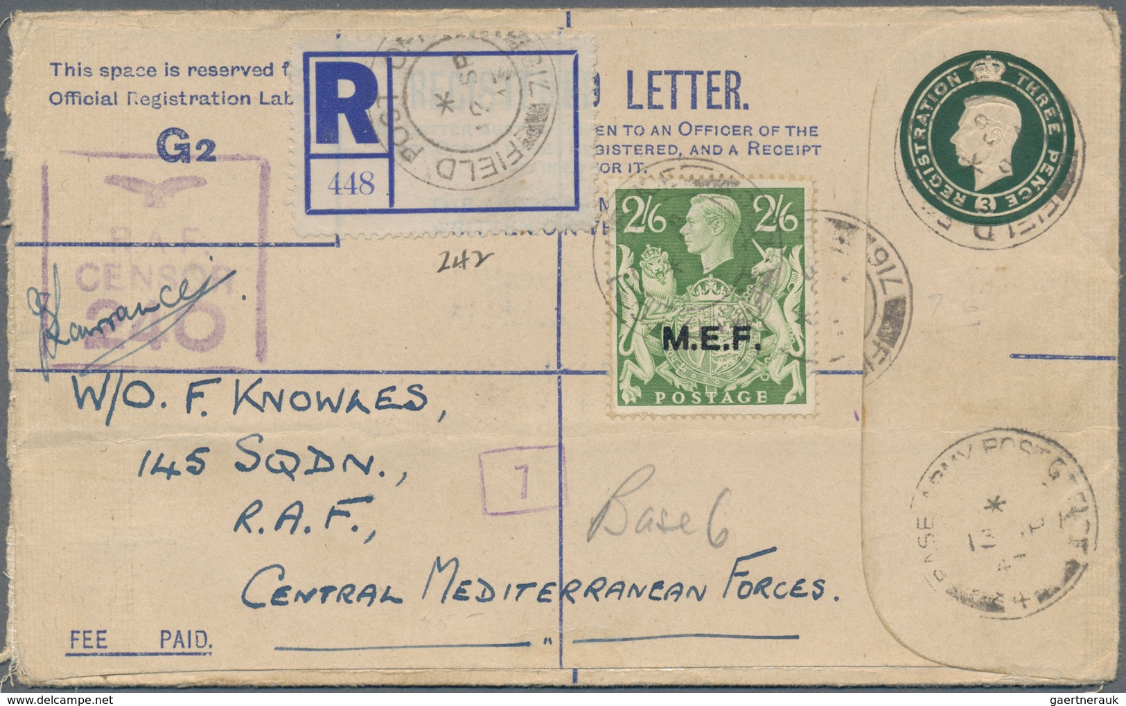 14259 Britische Militärpost II. WK: 1943 KGVI. 2s6d. Yellow-green Optd. "M.E.F." Uprating Postal Stationer - Autres & Non Classés