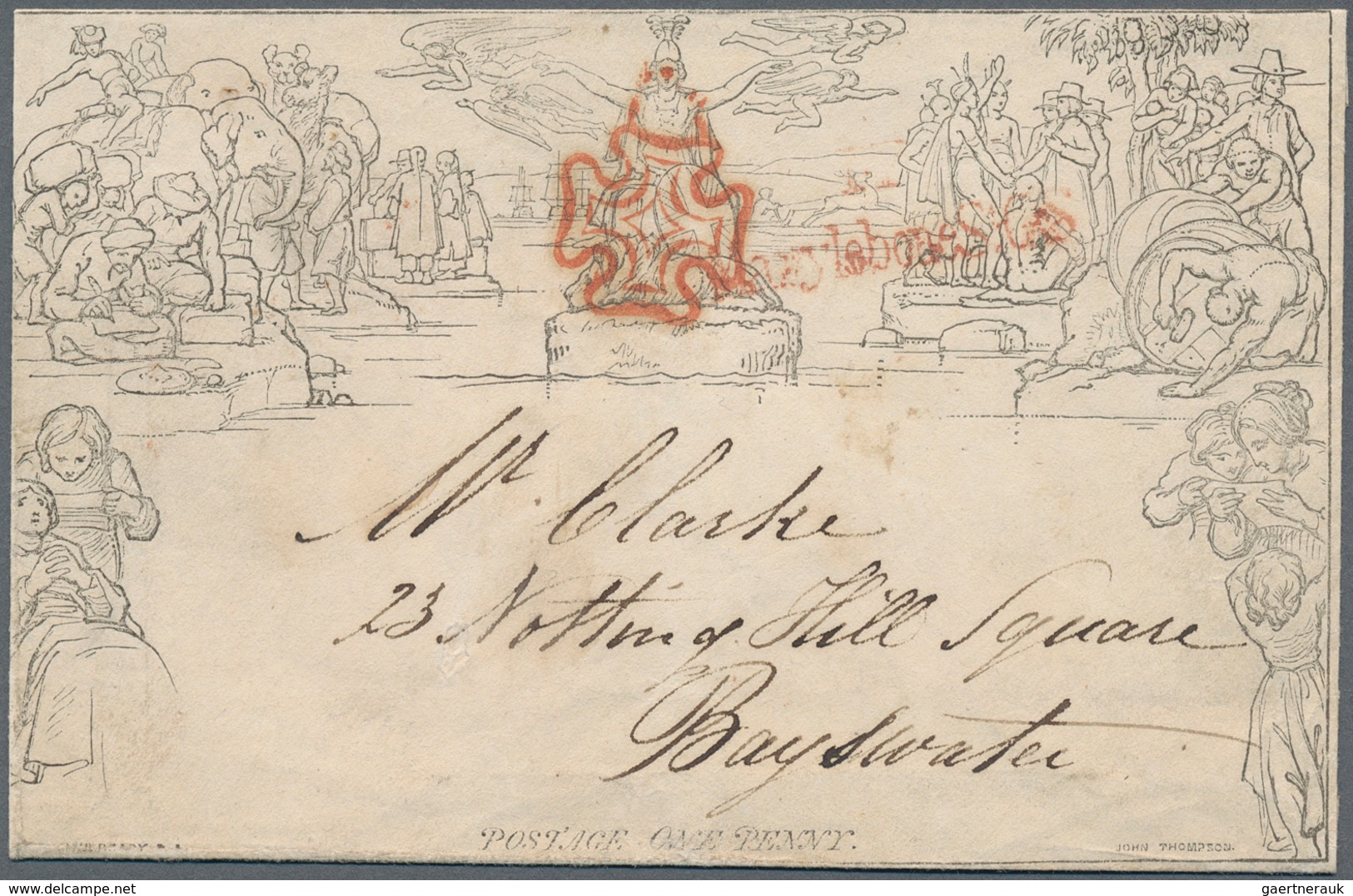14263 Großbritannien - Ganzsachen: 1840 Mulready Envelope 1d. Used From Marylebone Street, Golden Square, - 1840 Mulready-Umschläge