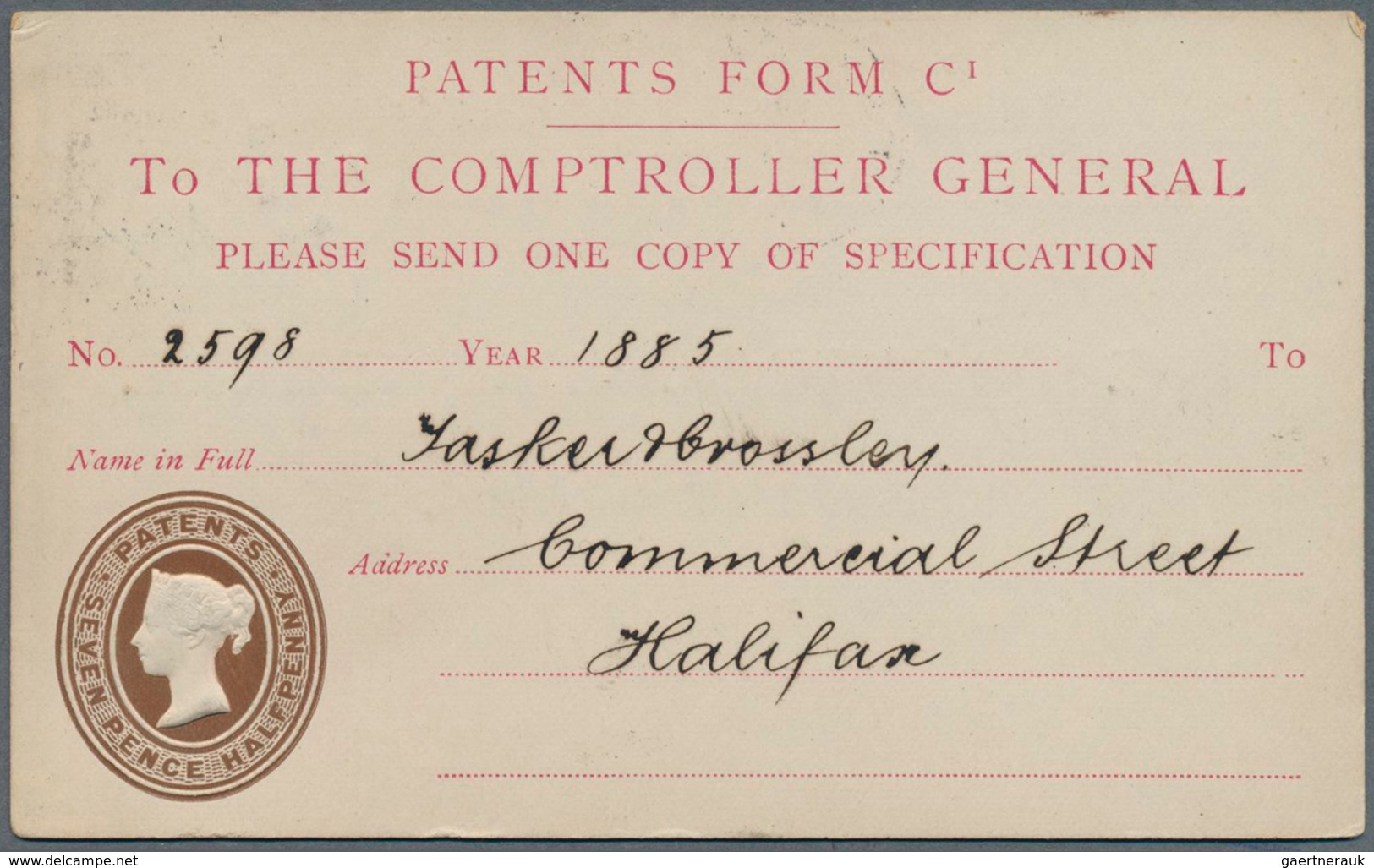 14266 Großbritannien - Ganzsachen: 1892, 1/2 D Brown QV Official Patent Office Card With Embossed 7 1/2 D - 1840 Mulready-Umschläge