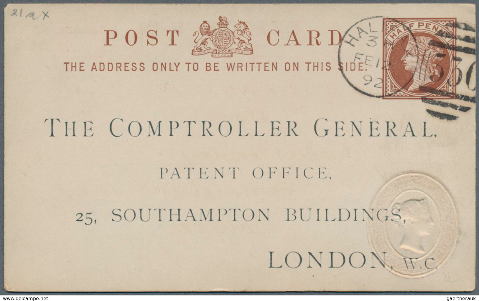 14266 Großbritannien - Ganzsachen: 1892, 1/2 D Brown QV Official Patent Office Card With Embossed 7 1/2 D - 1840 Enveloppes Mulready