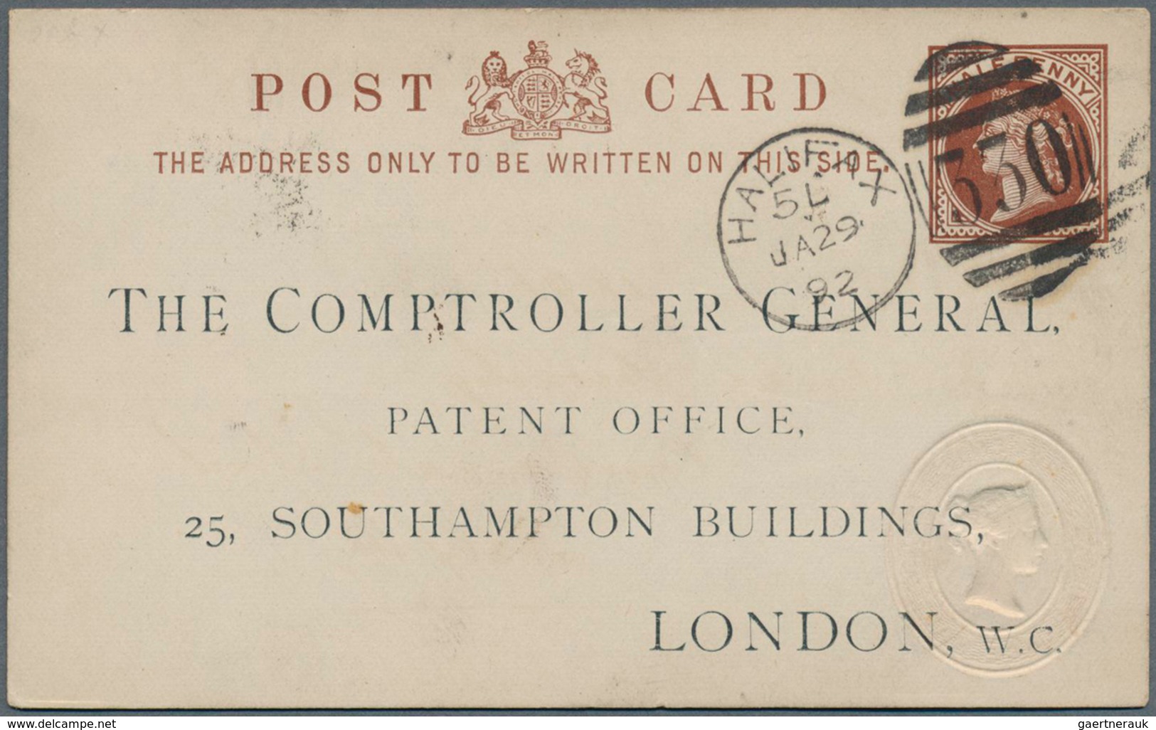 14266 Großbritannien - Ganzsachen: 1892, 1/2 D Brown QV Official Patent Office Card With Embossed 7 1/2 D - 1840 Mulready-Umschläge
