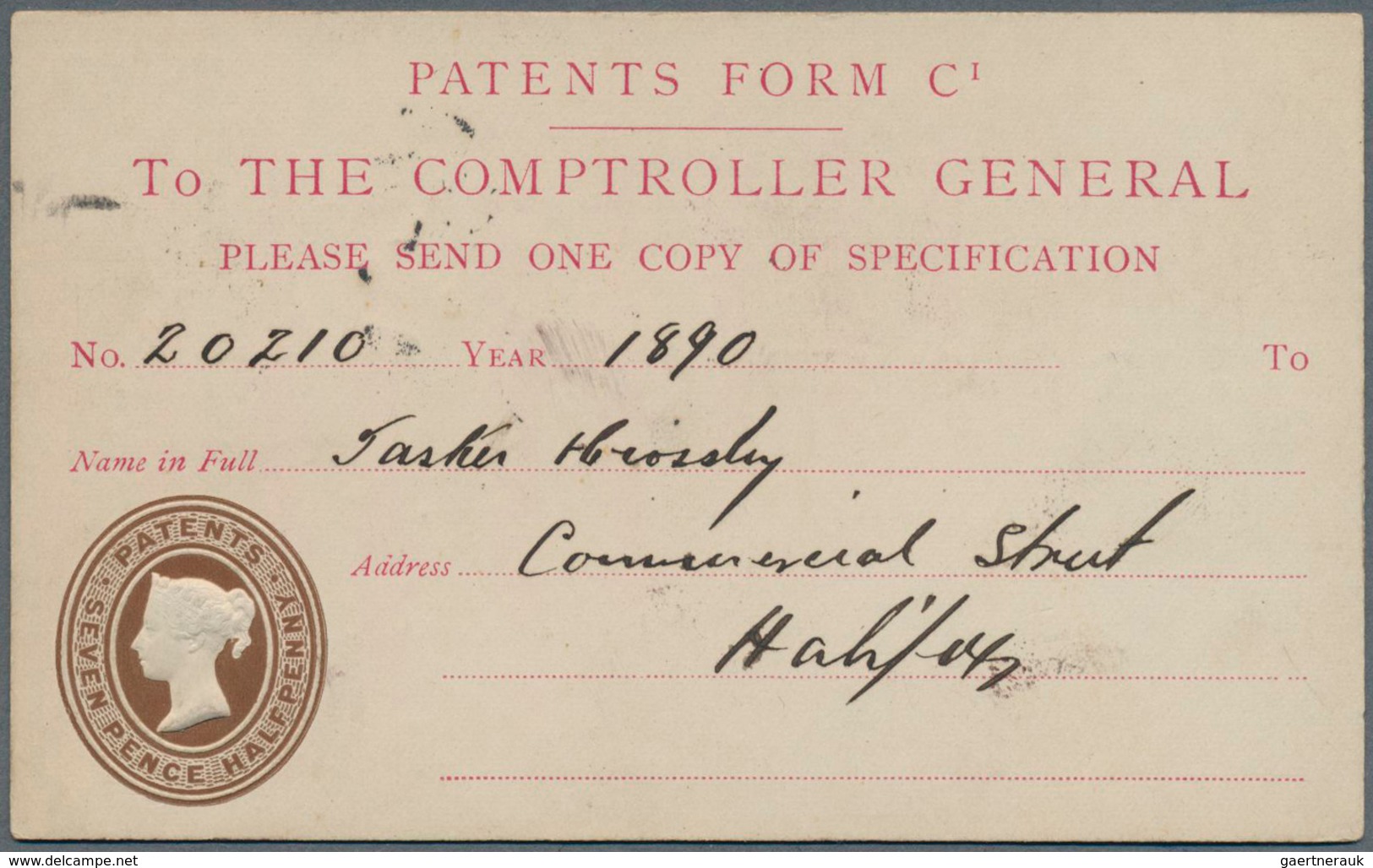 14266 Großbritannien - Ganzsachen: 1892, 1/2 D Brown QV Official Patent Office Card With Embossed 7 1/2 D - 1840 Enveloppes Mulready