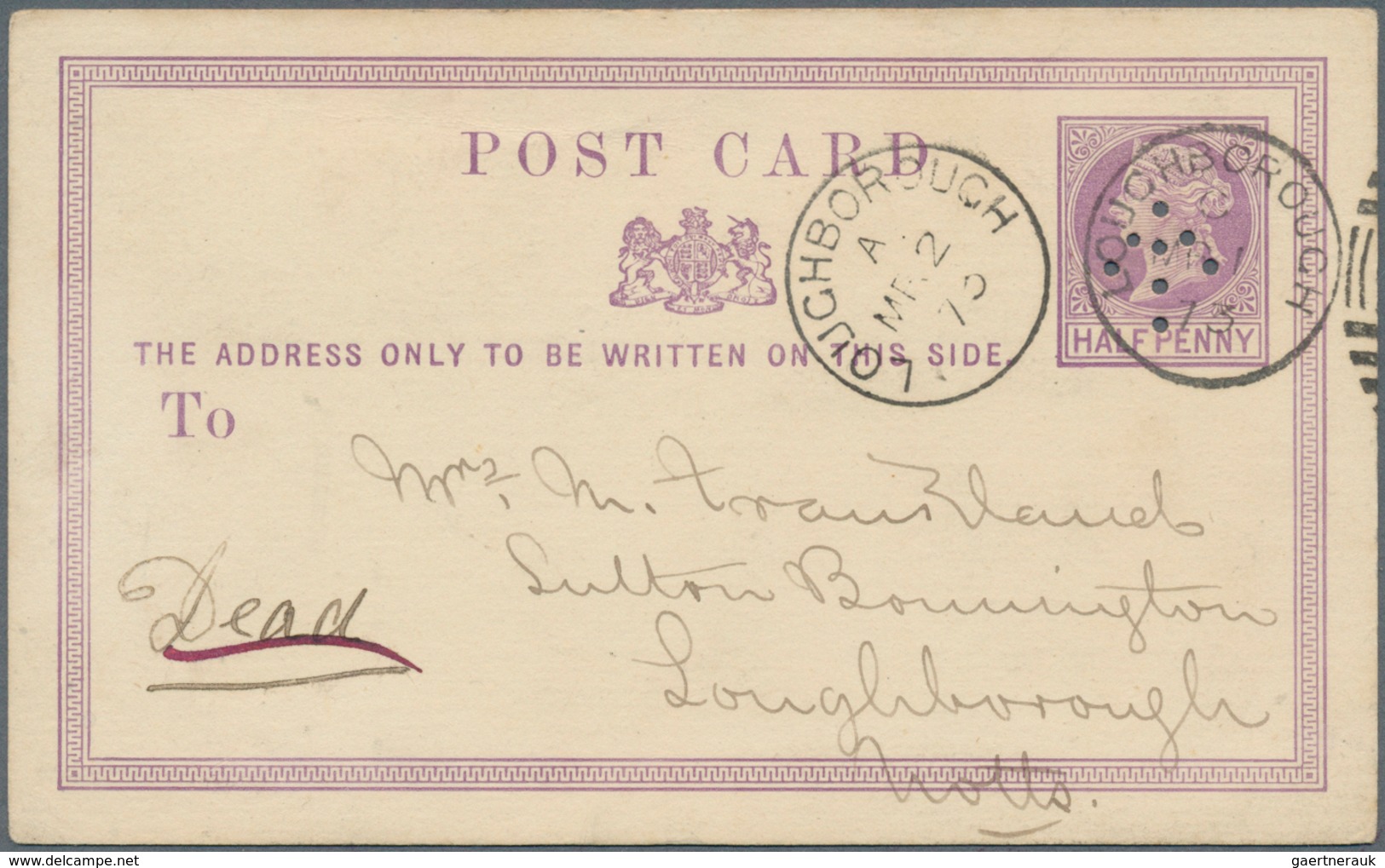 14274A Großbritannien - Stempel: 1873, "Sloper Punch" Machine Cancel On 1/2 D Violet QV Psc From London Add - Marcophilie