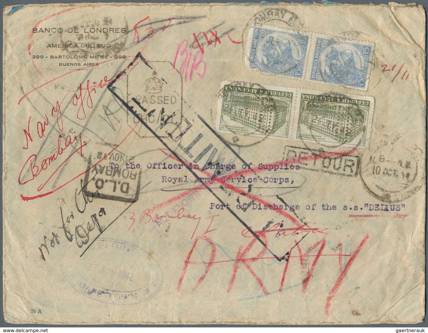 14275 Großbritannien - Besonderheiten: 1942/1943, Bankletter Sent From Buenos Aires To An Officer "Royal A - Autres & Non Classés