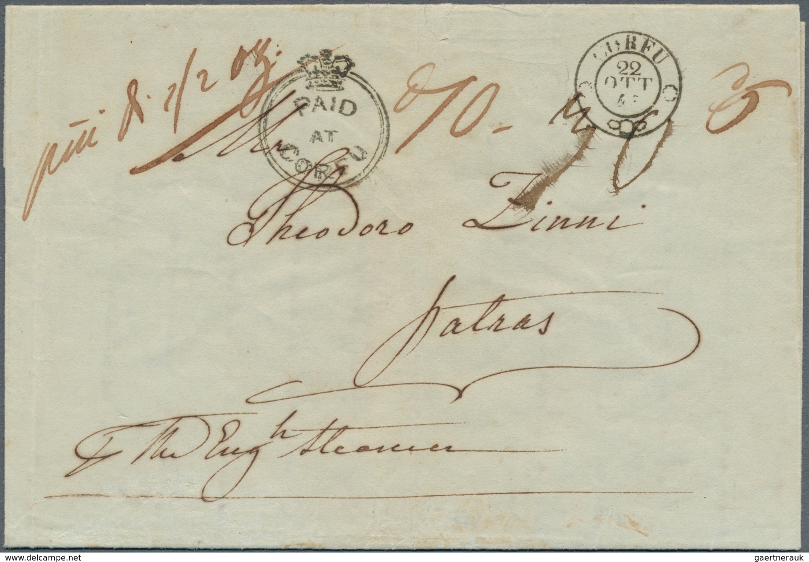 14280 Ionische Inseln - Vorphilatelie: 1845, Folded Letter With Black Crowned Double Circle PAID AT CORFU - Ionische Inseln