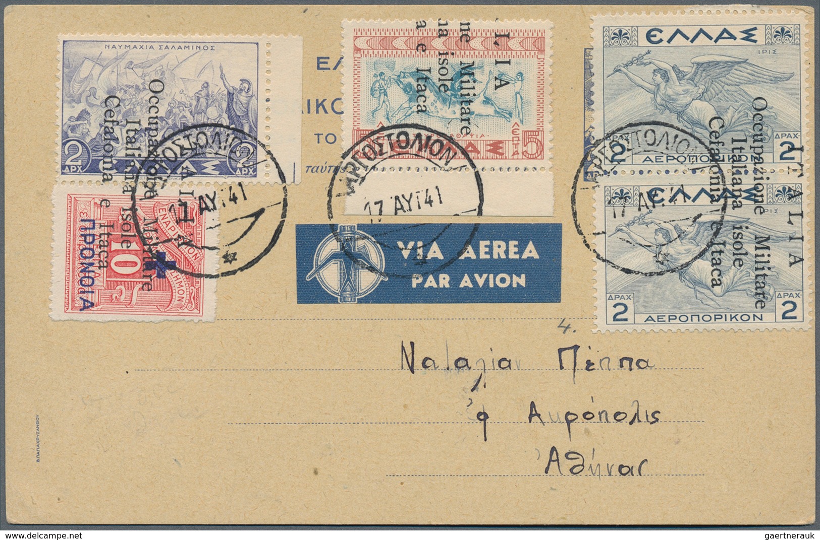 14281 Ionische Inseln: 1941/1943: Two Rare Post Cards, First Argostoli To Athens 17.8.41, Second From Paxo - Iles Ioniques