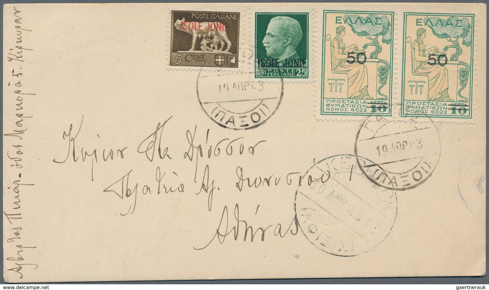 14281 Ionische Inseln: 1941/1943: Two Rare Post Cards, First Argostoli To Athens 17.8.41, Second From Paxo - Iles Ioniques