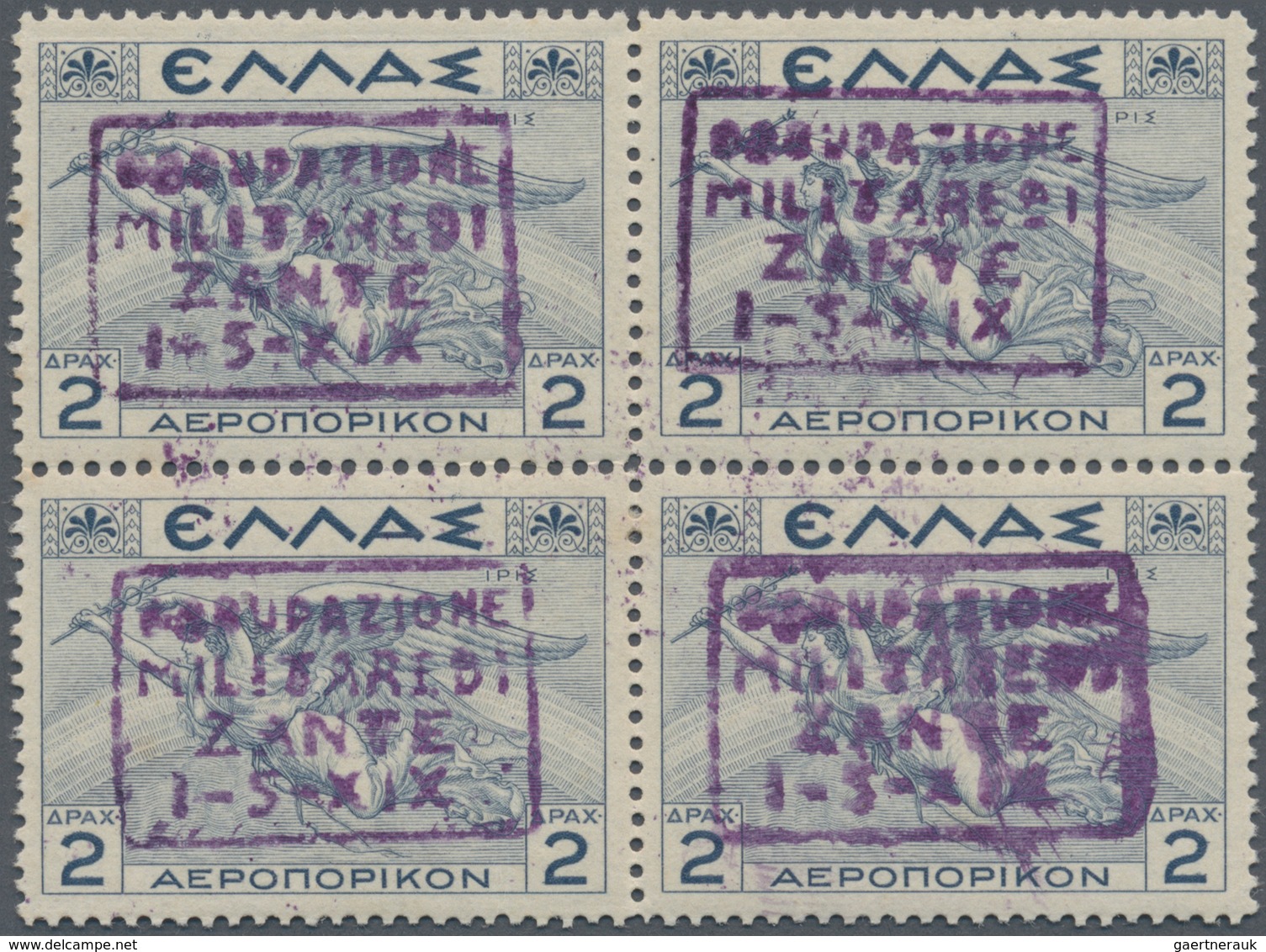 14287 Ionische Inseln - Lokalausgaben: Zakynthos: 1941, 2 Dr Green-blue Block Of Four With Violet Overprin - Iles Ioniques