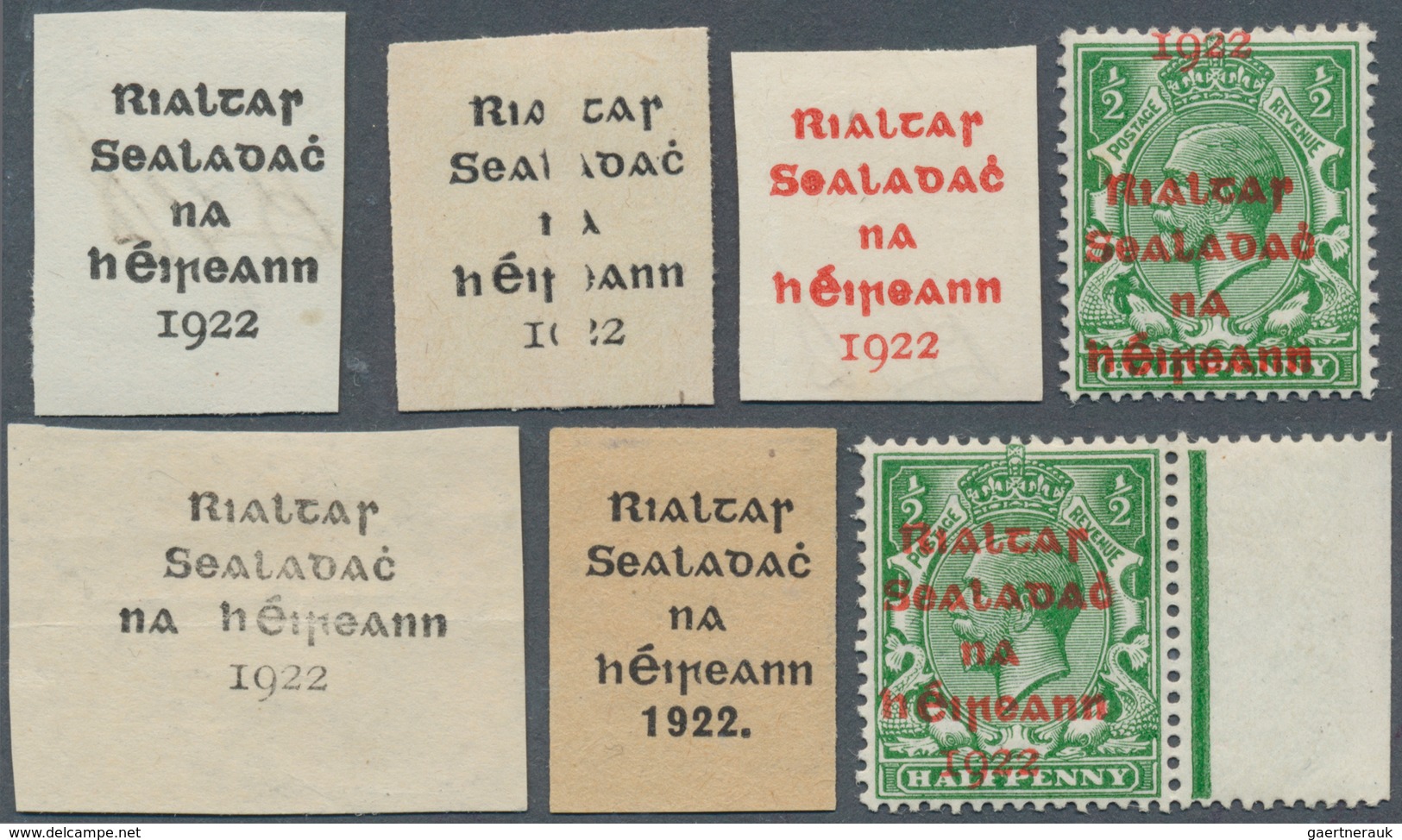 14302 Irland: 1922, Dollard/Thom "Rialtas" Overprint Proofs, Group Of Seven Pieces: PR 2a, 5, 6a, 8, 9 (to - Lettres & Documents