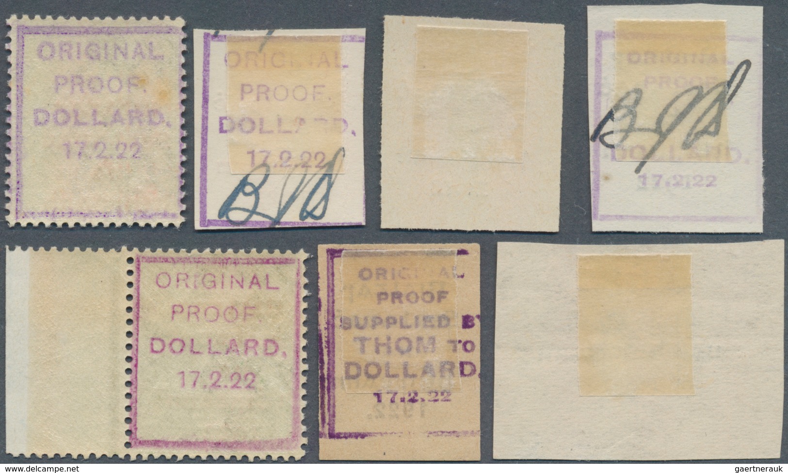 14302 Irland: 1922, Dollard/Thom "Rialtas" Overprint Proofs, Group Of Seven Pieces: PR 2a, 5, 6a, 8, 9 (to - Storia Postale