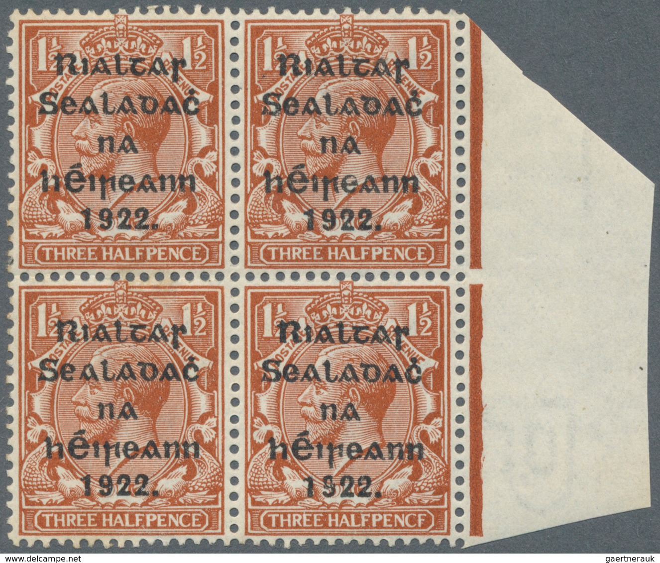 14305 Irland: 1922 Error "PENCF" On Bottom Right Stamp 1½d. Red-brown Of Right Hand Marginal Block Of Four - Briefe U. Dokumente