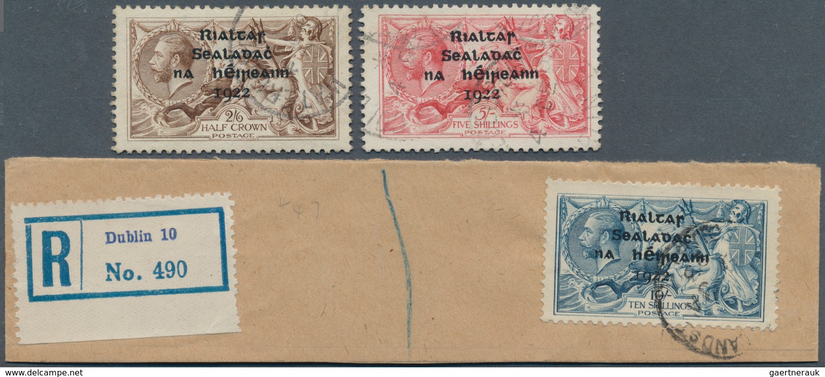 14310 Irland: 1922, "Rialtas" Overprints, Thom Printing, Three High Values Used, 10s. On Piece. SG £1900 ( - Lettres & Documents