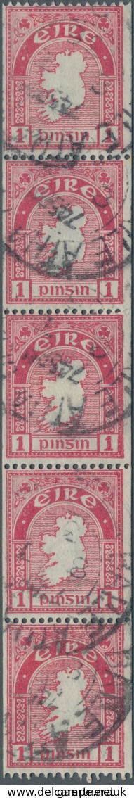 14322 Irland: 1934, 1pg. Carmine Perf. 15 X Imperf., Coil Strip Of Five, Neatly Cancelled. SG £210 (Michel - Lettres & Documents