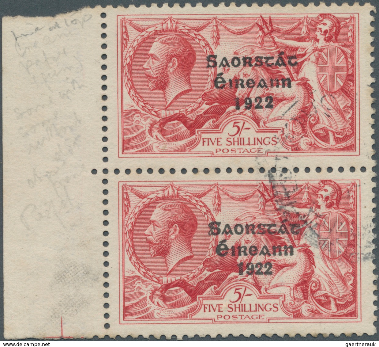 14326 Irland: 1927, "Soarstat" Overprints 5s. Rose-carmine, Left Marginal Vertical Pair "wide And Narrow D - Lettres & Documents