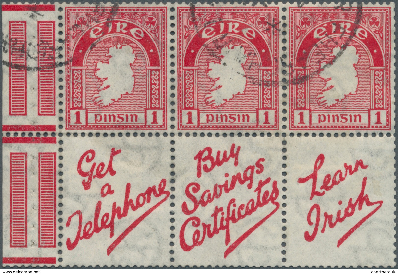 14345 Irland - Zusammendrucke: 1931, Booklet Pane 3x1pg. Carmine (inverted Watermark) With Three Advertise - Sonstige & Ohne Zuordnung