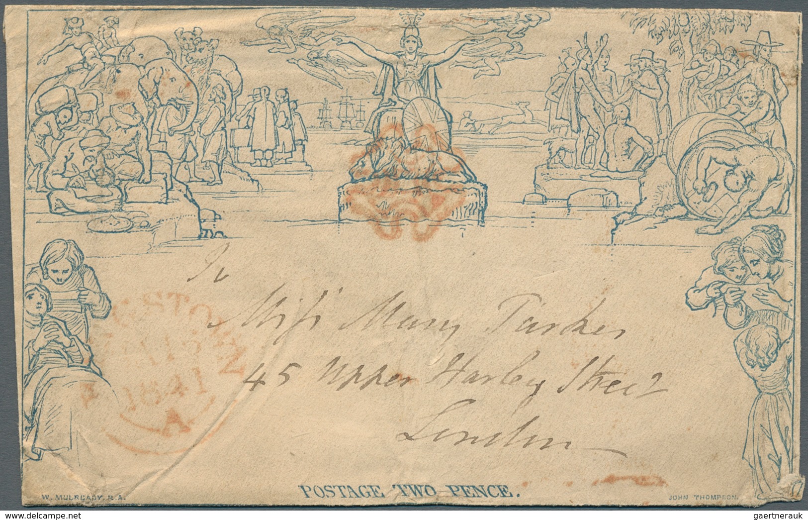 14401 Irland - Ganzsachen: 1840, Mulready 2 D. Envelope (a196) Used From "KINGSTOWN JA.15.1941" With Red M - Entiers Postaux