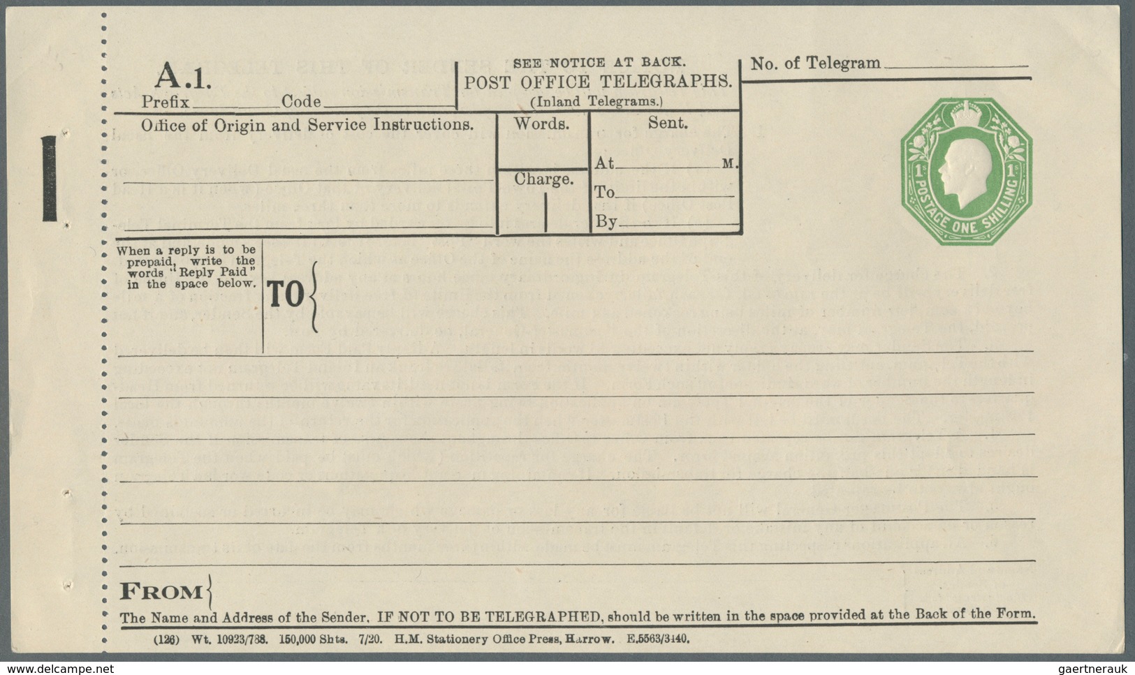 14410 Irland - Ganzsachen: 1922, 1 Sh Emerald Green KGV Telegraph Form For Ireland, Perforated Margin At L - Ganzsachen