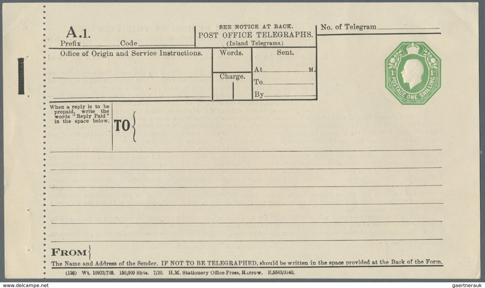 14410 Irland - Ganzsachen: 1922, 1 Sh Emerald Green KGV Telegraph Form For Ireland, Perforated Margin At L - Entiers Postaux