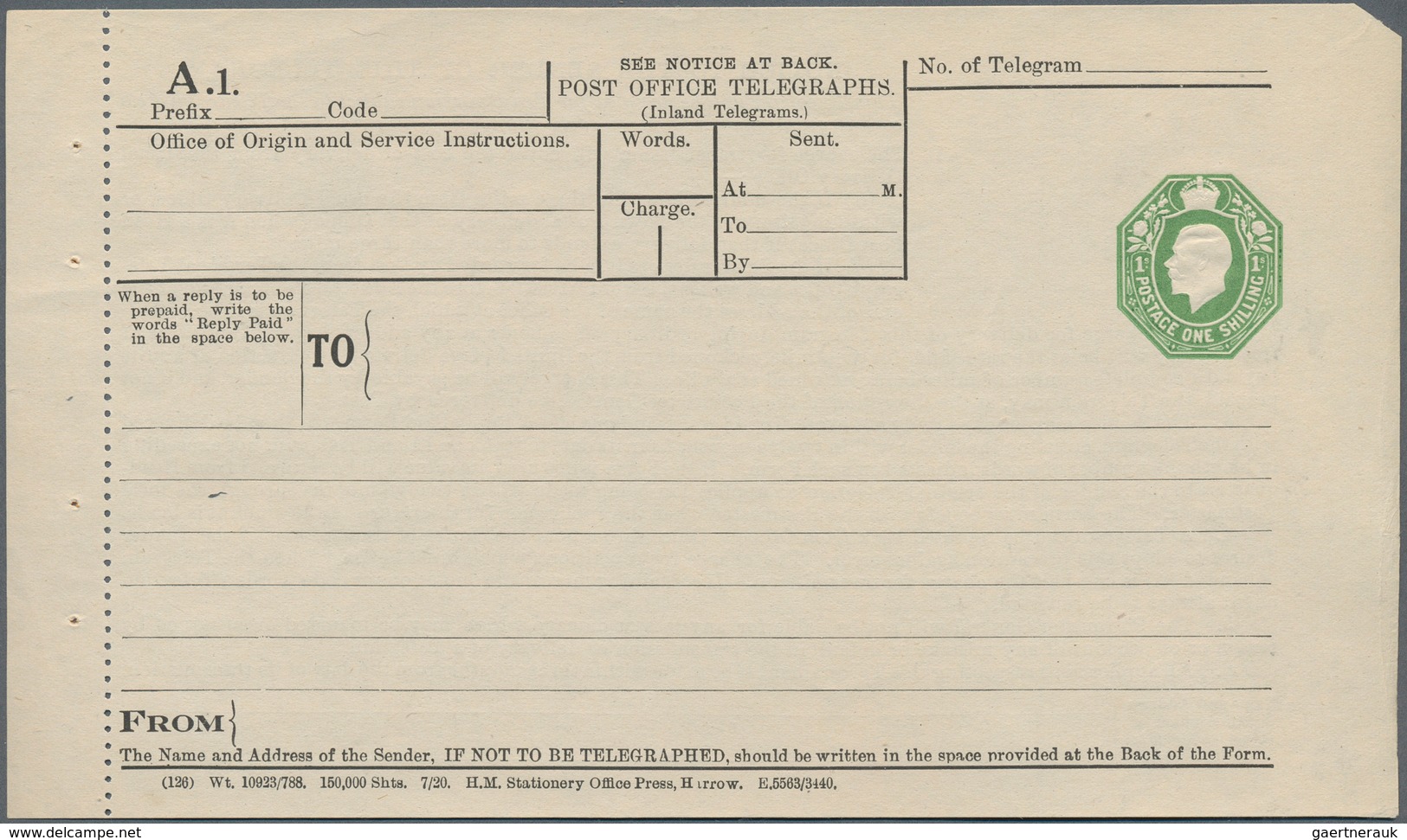 14411 Irland - Ganzsachen: British Dominion: 1922, King Georg V. 1 Sh. Green Telegram Form With Margin At - Ganzsachen