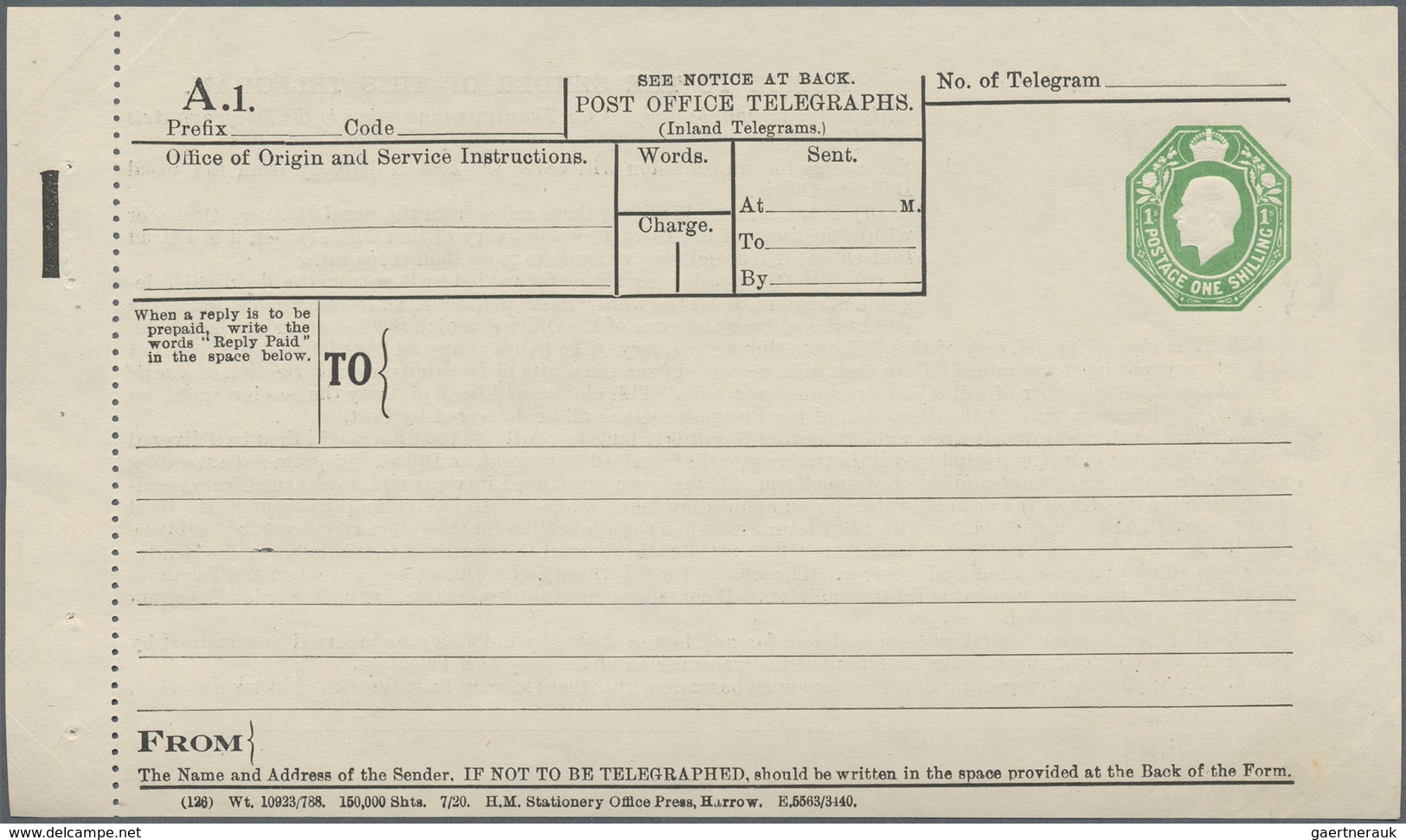 14412 Irland - Ganzsachen: British Dominion: 1922, King Georg V. 1 Sh. Green Telegram Form With Black Bar - Entiers Postaux