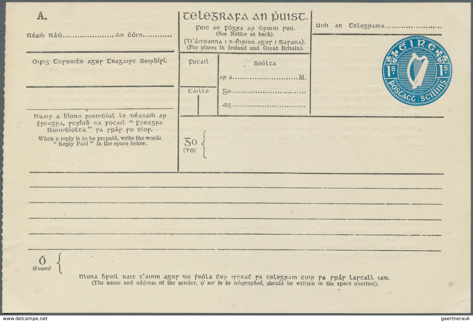 14413 Irland - Ganzsachen: 1924, Irish Harp 1 Sh. Blue Telegram Form, Unused, Fine, Very Rare (FAI TB 2) - Ganzsachen