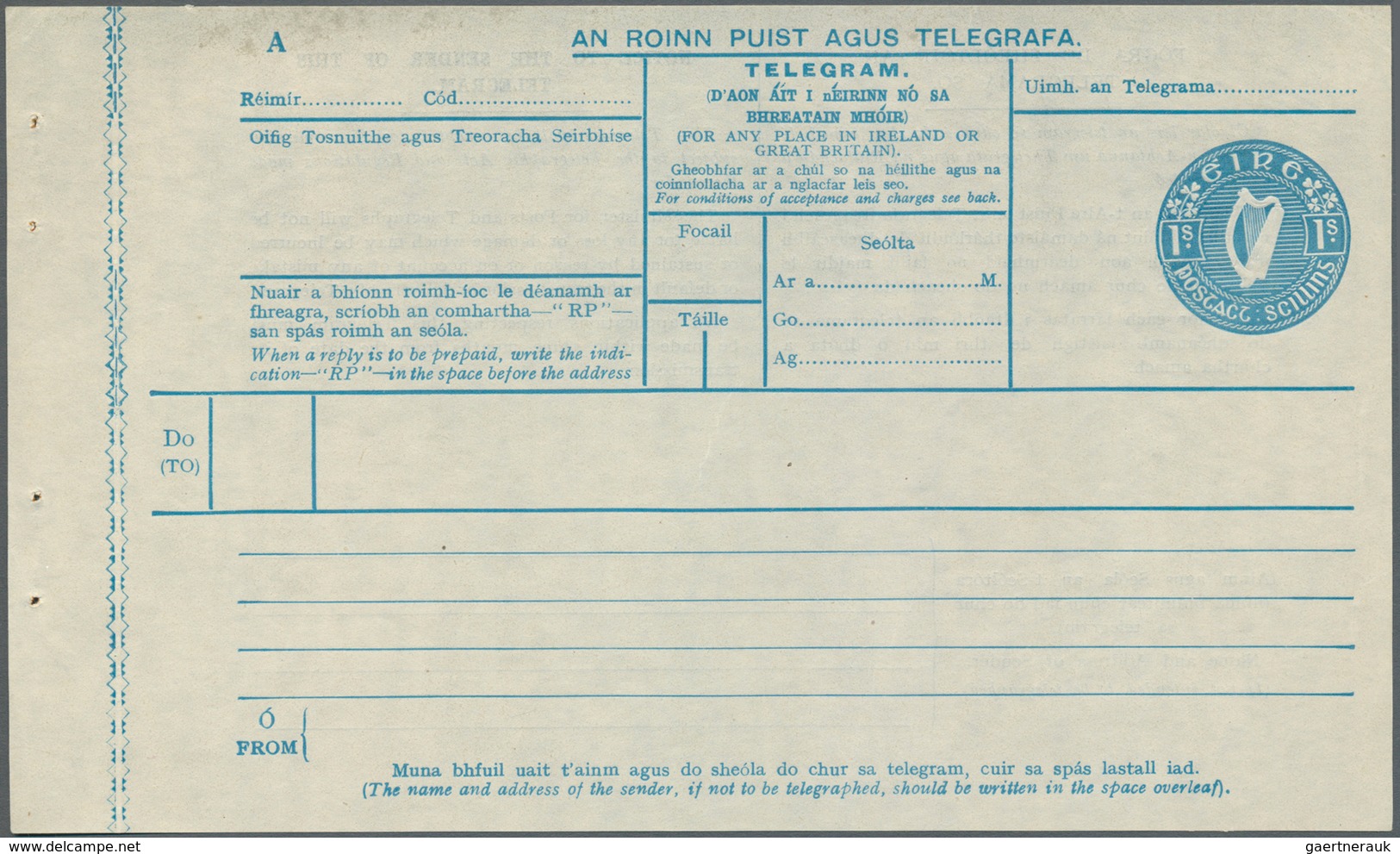 14414 Irland - Ganzsachen: 1927, Irish Harp 1 Sh. Blue Telegram Form With Margin At Left, Unused, Fine (FA - Ganzsachen