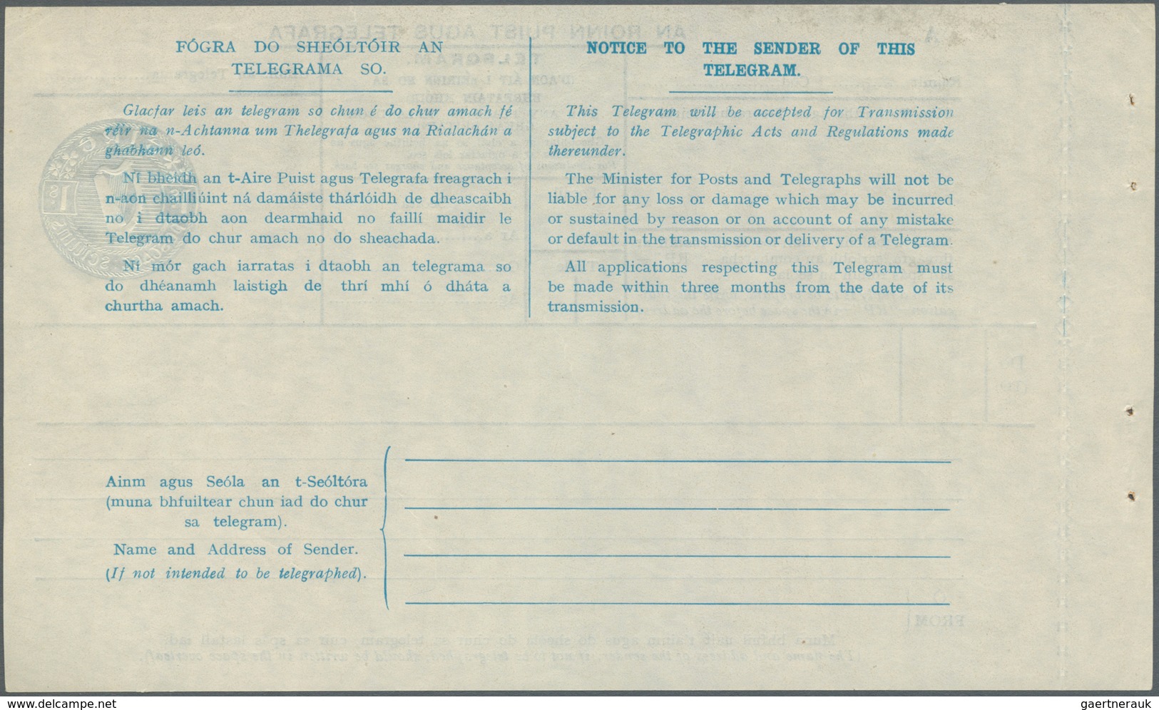 14414 Irland - Ganzsachen: 1927, Irish Harp 1 Sh. Blue Telegram Form With Margin At Left, Unused, Fine (FA - Ganzsachen