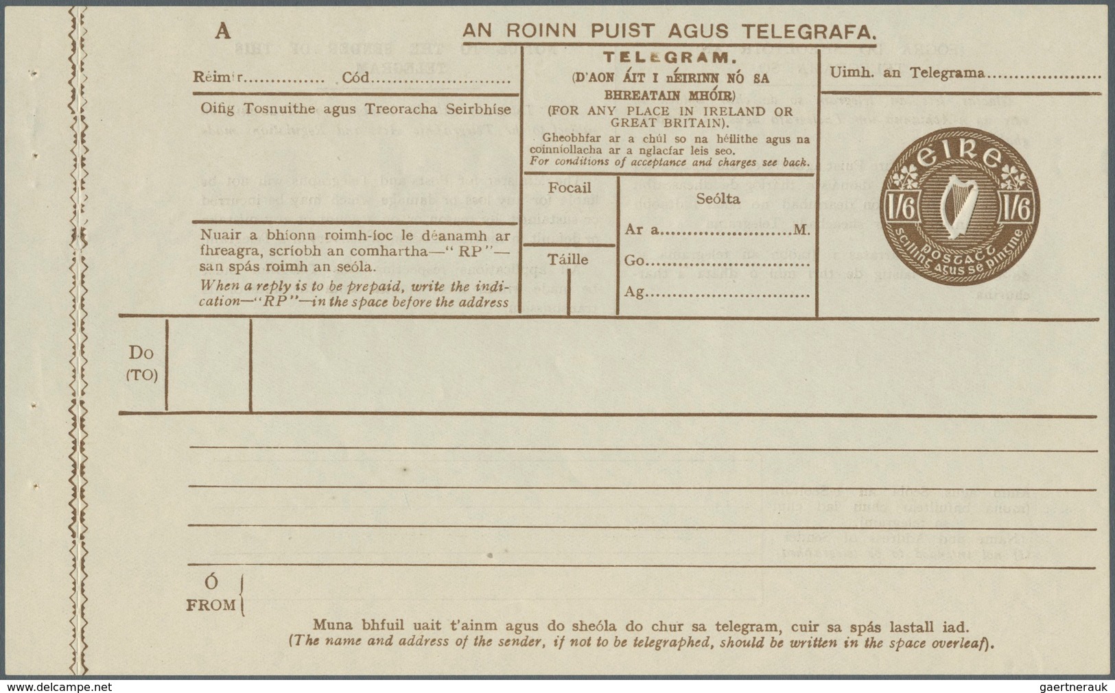 14415 Irland - Ganzsachen: 1927, Irish Harp 1'6 Sh. Telegram Form With Margin At Left, Unused, Fine (FAI T - Ganzsachen