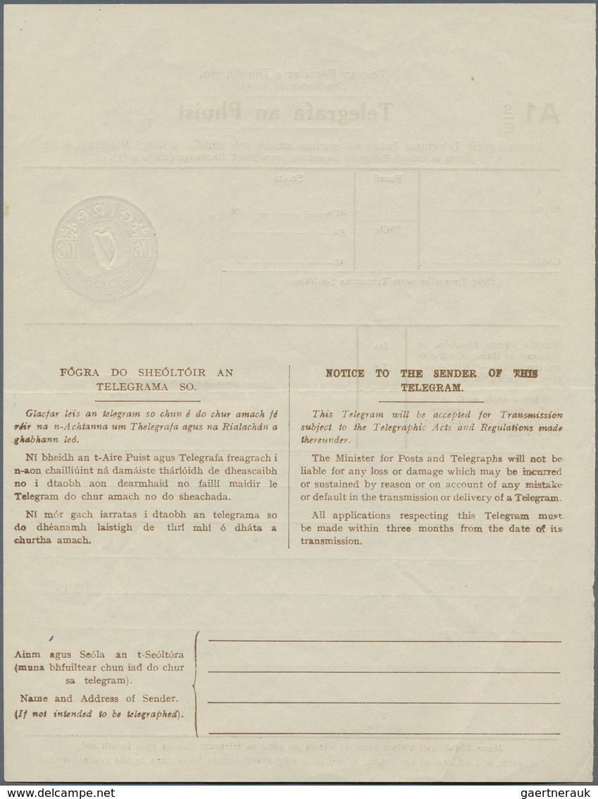 14417 Irland - Ganzsachen: 1929, Irish Harp 1'6 Sh. Brown Telegram Stock Exhange Form, Type II With Small - Ganzsachen