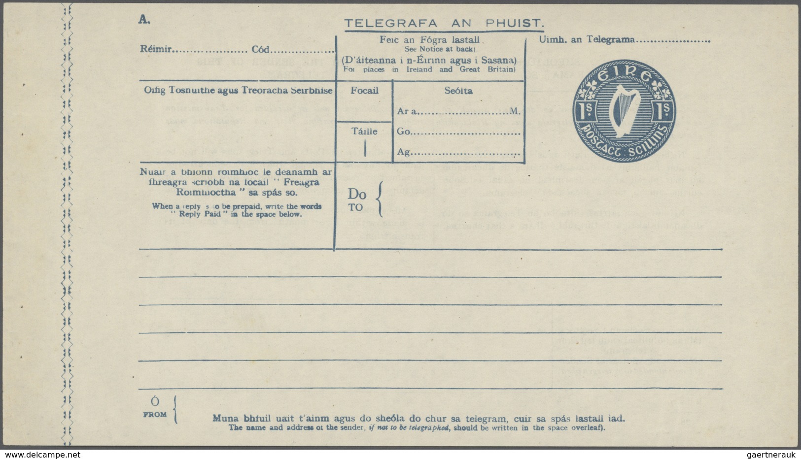 14418 Irland - Ganzsachen: 1947, Irish Harp 1 Sh. Blue Telegram Form With Margin At Left, Unused, Slight C - Ganzsachen