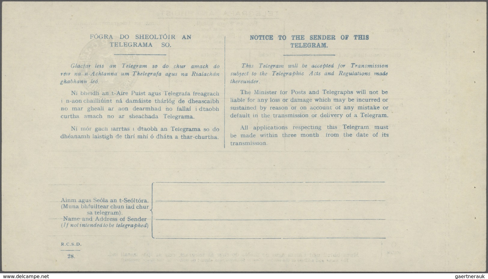 14418 Irland - Ganzsachen: 1947, Irish Harp 1 Sh. Blue Telegram Form With Margin At Left, Unused, Slight C - Ganzsachen