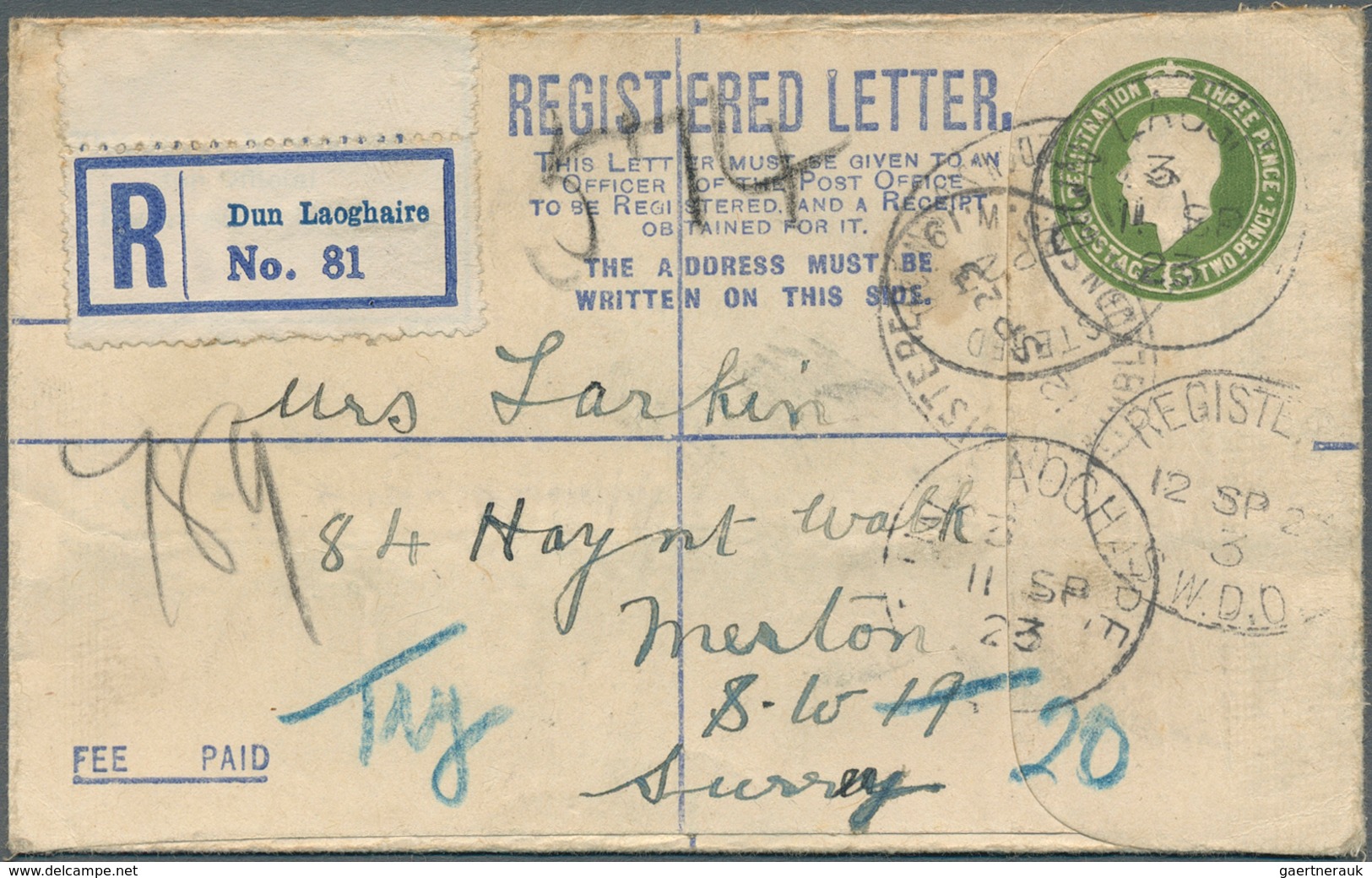 14424 Irland - Ganzsachen: British Dominion: 1922, King Georg V. 5 D. Olive Green Registered Envelope, Siz - Ganzsachen